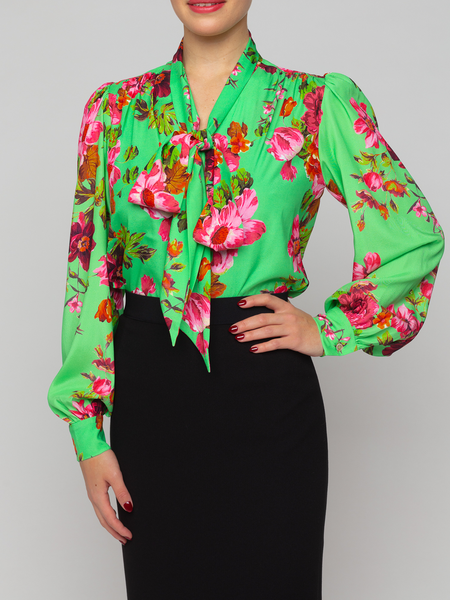 

Green romantic Floral Loose V neck Long sleeve Elegant Blouse, Blouses and Shirts