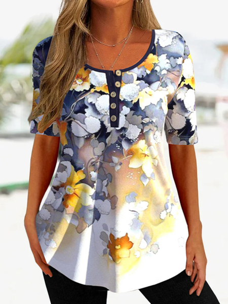

Casual Quarter Button Floral Print Short Sleeve T Shirt, Multicolor, Shirts & Blouses