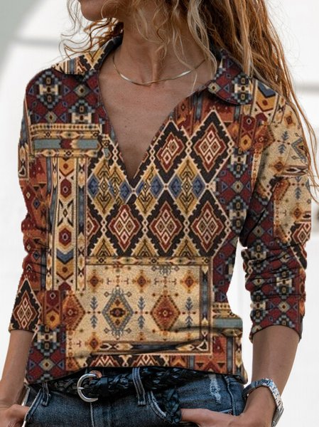 

Loose Ethnic V Neck Top, Multicolor, Shirts & Blouses
