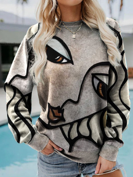 Casual Crew Neck Abstract Sweatshirts, Gray, Sweatshirts & Hoodies