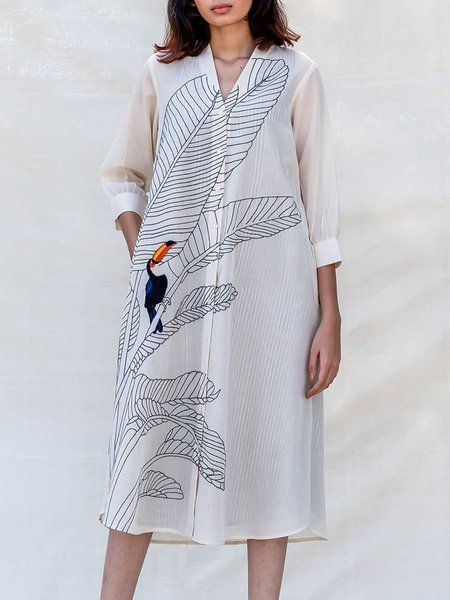 

Floral Printed Loose Three Quarter Dress, White, Midi Dresses