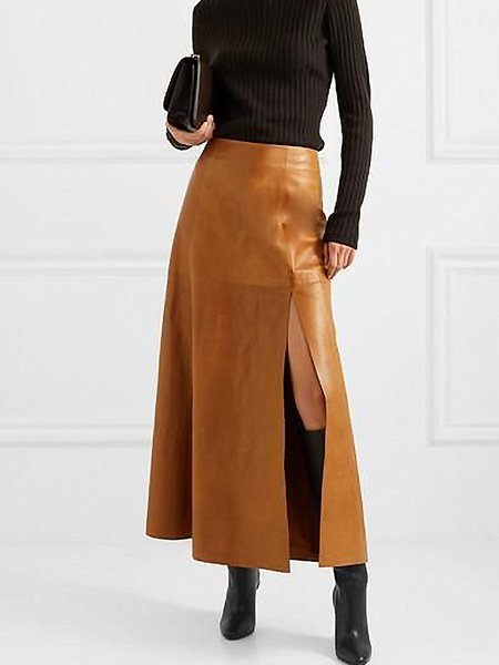 

Regular Fit Vintage Plain A-Line Skirt, Brown, Maxi Skirts