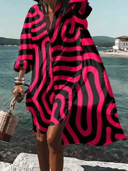 

Casual Daily Loose Striped Printed Shirt Dress, As picture, Mini Dresses