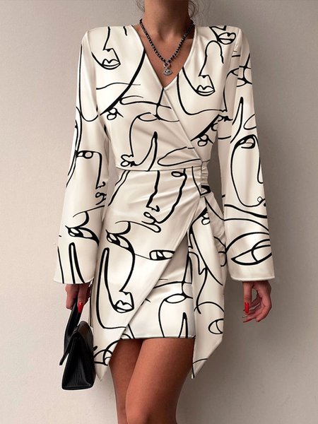 

Elegant V Neck Abstract Printed Long Sleeve Dress, White, Mini Dresses
