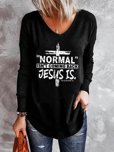 

Jesus V Neck Casual Loose T-Shirt, Black, T-Shirts