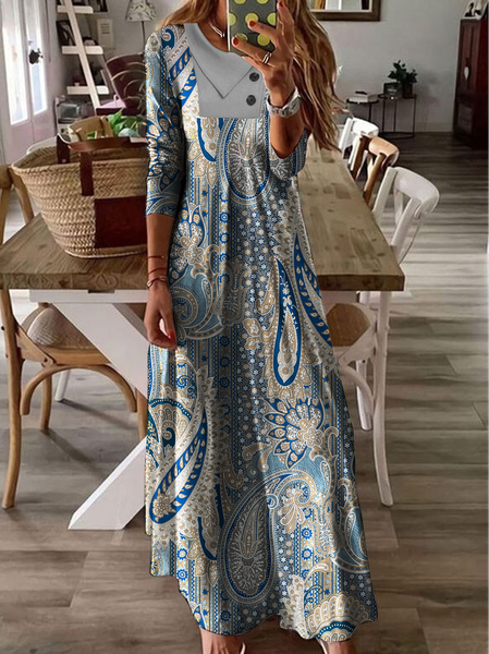 

Paisley Shawl Collar Casual Dresses, Blue, Dresses