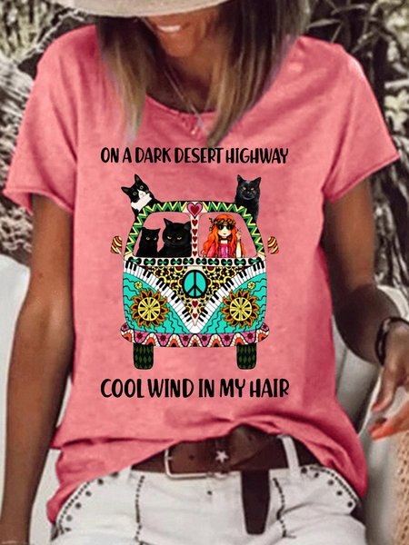 

Womens Cat Hippie Casual Crew Neck T-Shirt, Red, T-shirts