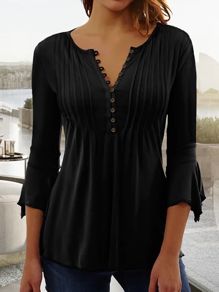

Women Basic V Neck Buttoned Casual Plain Flowy Three Quarter Sleeve Ruched Tunic Top, Black, Tunics