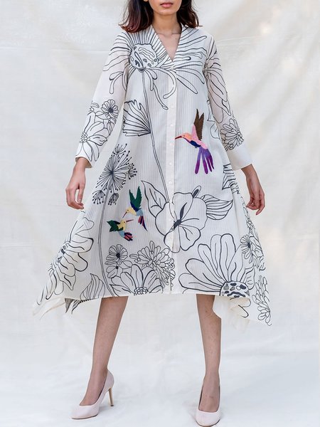 

Vacation Long Sleeve V neck Floral Printed Dress, White, Midi Dresses