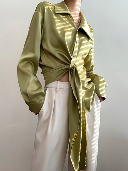 

Plain Daily Long sleeve Shirt Collar Simple Blouse, Yellow, Blouses and Shirts