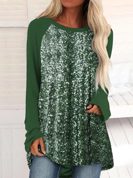 

Plain Sequin base a-hem loose T-shirt tunic plus size, Green, Shirts & Blouses