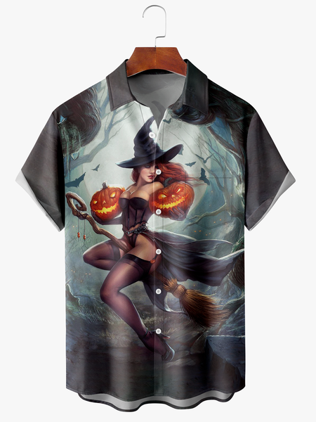 

Mens Halloween Anti-Wrinkle Short Sleeve Shirt Moisture Wicking Hawaiian Lapel Top, Gray, Short Sleeve Shirts