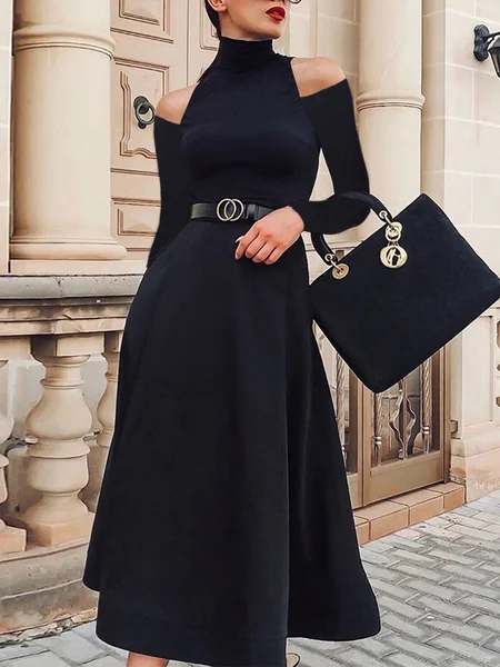 

Regular Fit Plain Urban Long Sleeve Midi Dress, Black, Maxi Dresses