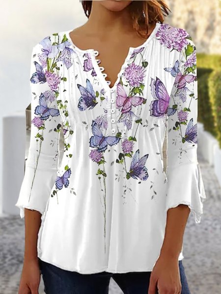 

Floral Butterfly Vacation Loose Blouse, White, Blouses & Shirts
