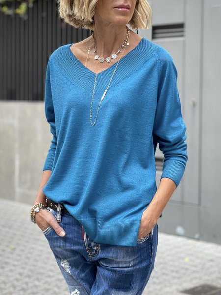 

Casual Long Sleeve Loosen Plain Sweater, Blue, Sweaters