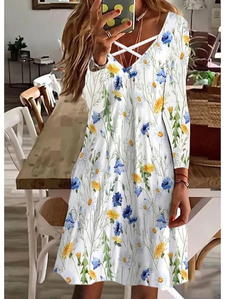 

Women Casual Floral Autumn Spandex Micro-Elasticity Daily Midi Long sleeve A-Line Dresses, White, Dresses
