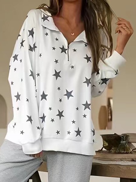 

Shawl Collar Casual Star Zipper Sweatshirts, White, Sweatshirts & Hoodies