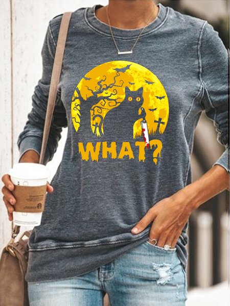 

Womens Funny Black Murderous Cat With Knife Halloween What Crew Neck Casual Sweatshirt, Gray, Hoodies&Sweatshirts