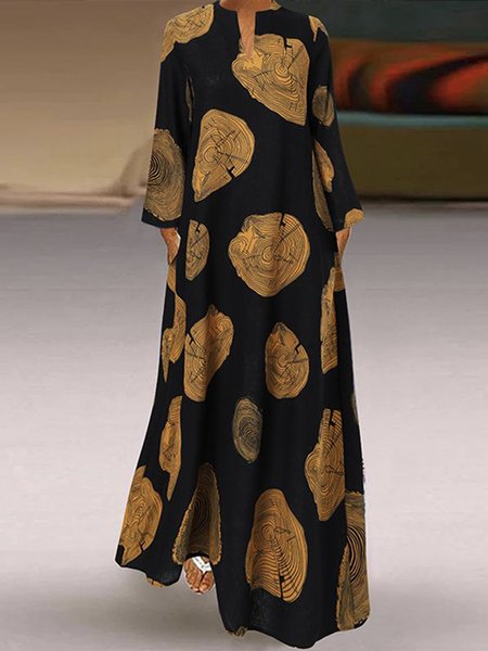 

Black Daily Long sleeve Painting V Neck Dress, Maxi Dresses