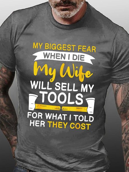 

Men Family Wife Tools Letters Cotton Crew Neck Casual T-Shirt, Gray, T-shirts
