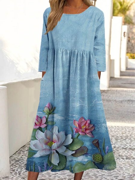 

Loose Lotus Floral Crew Neck Dresses, Blue, Dresses