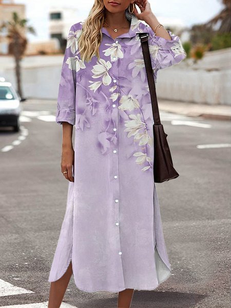 

Shirt Collar Casual Floral Dresses, Purple, Midi Dresses