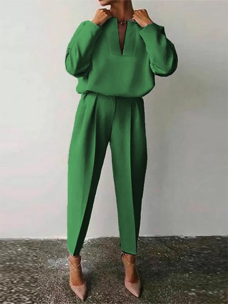 

Casual Plain V Neck Two Piece Set, Green, Pants Set