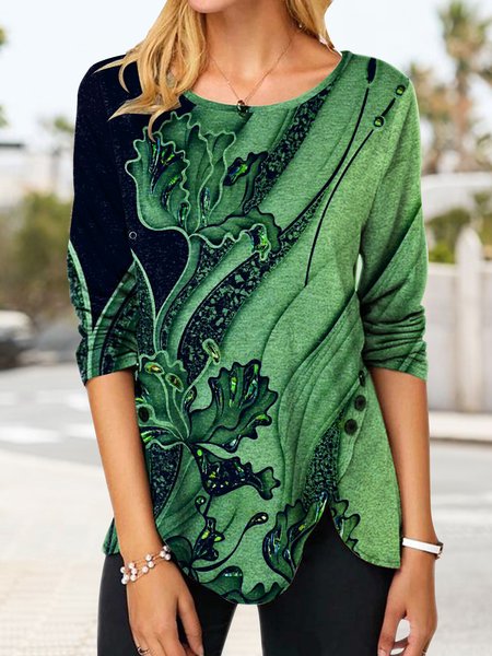 

Casual Abstract Pattern Crew Neck Knit Long Sleeve Top, Green, Tops