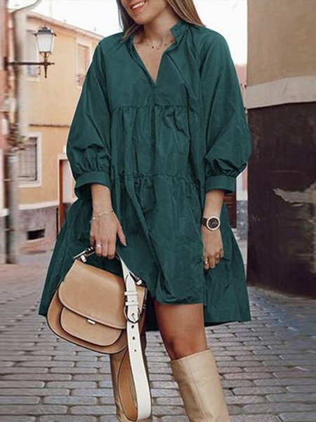 

Daily Three Quarter Plain Stand Collar Linen Dress, Green, Mini Dresses