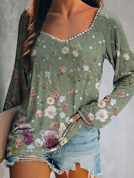 

Square Neck Loose Floral T-Shirt, Green, T-Shirts