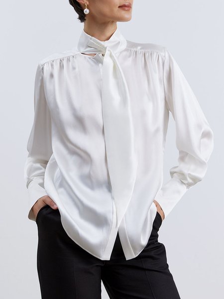 

Elegant Plain Work Satin Long Sleeve Tie Blouse, White, Blouses and Shirts