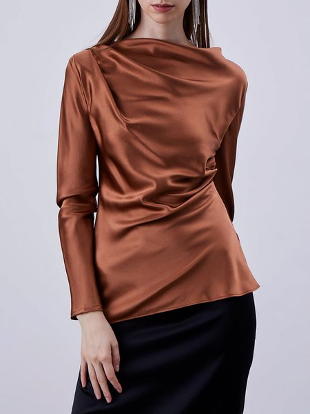 

Elegant Satin Plain Long Sleeve Top, Caramel, Tops