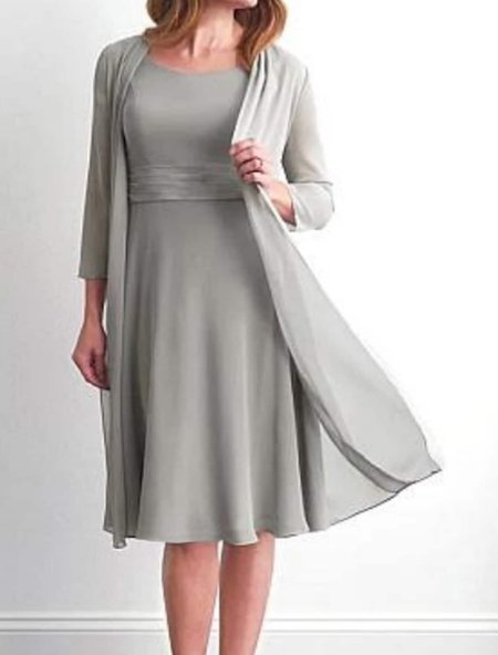 

Elegant Plain Waist Dress + Cardigan Two-piece Set, Light gray, Dresses