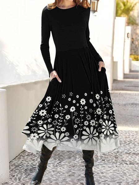 

Regular Fit Crew Neck Color Block Floral Dresses, Black, Midi Dresses