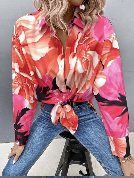 

Daily Long sleeve Floral Regular Fit Shirt Collar Blouse, Red, Blouses and Shirts