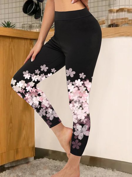 

Casual Floral Design Elastic Waist Knitted Leggings, Black, Pants