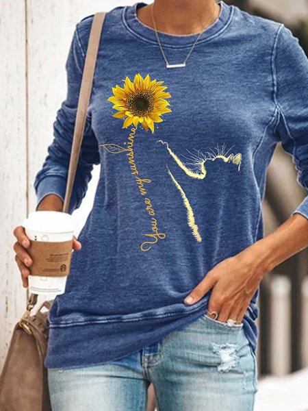 

Women Sunflower and Cat You Are My Sunshine Cat Sweatshirt, Blue, Hoodies&Sweatshirts