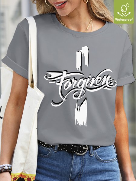 

Casual Crew Neck Text Letters cross print Waterproof Oilproof And Stainproof Fabric T-Shirt, Light gray, T-shirts