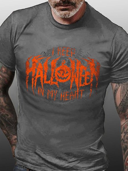 

Men Pumpkin Light Halloween Letters Cotton T-Shirt, Gray, T-shirts
