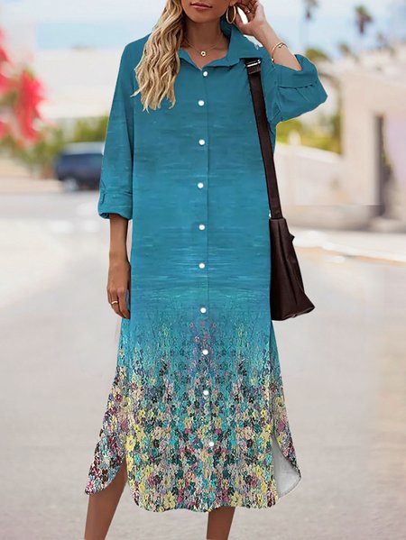 

Ombre Shirt Collar Casual Floral Dresses, Blue, Midi Dresses