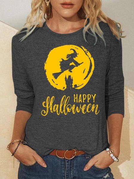 

Women Halloween Brooms Witch Crew Neck Casual Loose Tops, Gray, Long sleeves