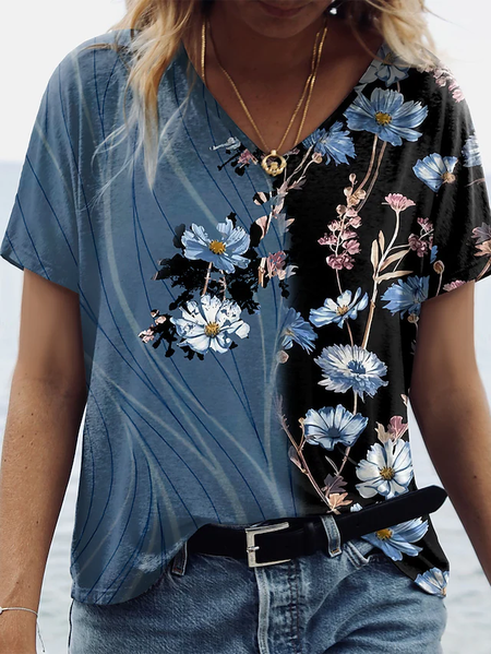 

Floral Regular Fit V Neck Casual Short sleeve T-Shirt, Blue, T-Shirts