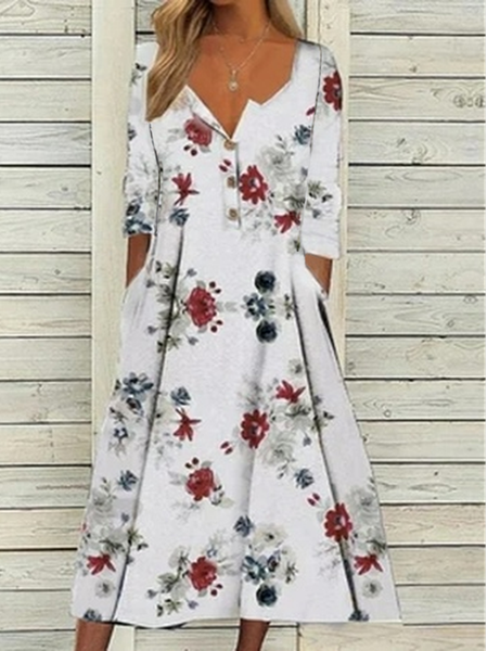 

V Neck Floral Dresses, White, Dresses