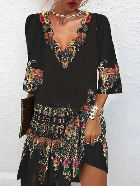 

Casual Loose V Neck Dress, Black, Short