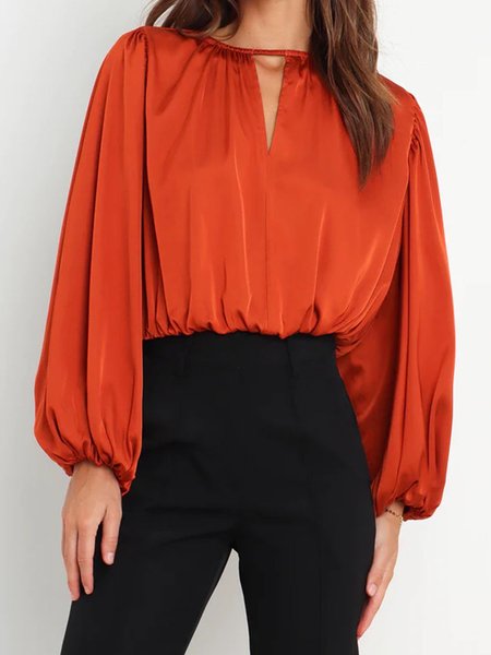 

Elegant Daily V Neck Satin Plain Long Sleeve Top, As picture, Tops