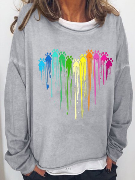 Womens Colorful Paw Print Casual Crew Neck Sweatshirts, Light gray, Hoodies&Sweatshirts