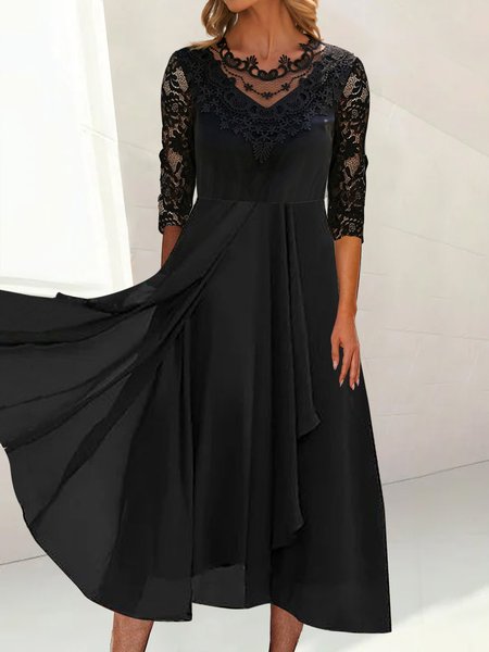 

JFN Round Neck Plain Black Lace Elegant Swing Formal Occasion Midi Prom Dress, Dresses