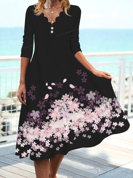 

Gradient floral wave neck holiday loose a-hem midi Dress Plus Size, Black-pink, Dresses