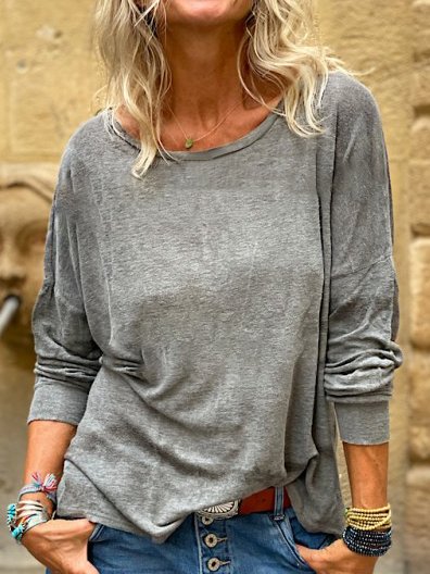 

Plain Cotton-Blend Crew Neck Casual T-Shirt, Gray, Tops
