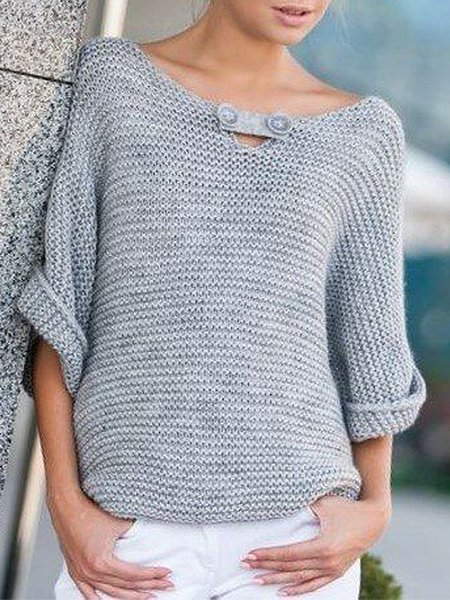

Crew Neck Batwing Sleeve Buckle Sweater, Gray, Sweaters
